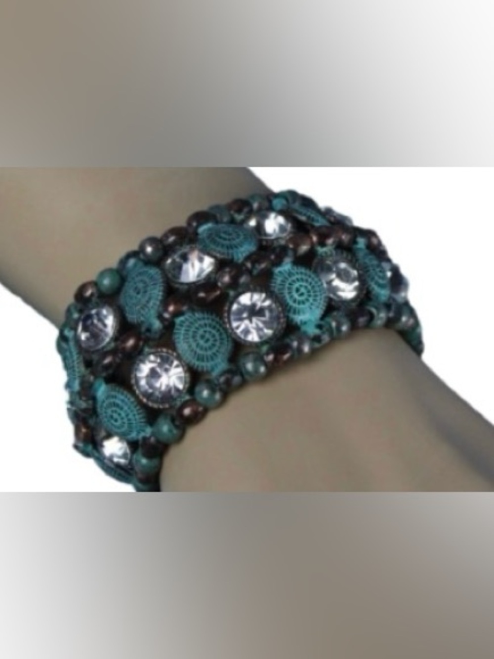 Shabby Chic Rustic Patinated Bronze, Turquoise &  Rhinestones Stretch Bracelet